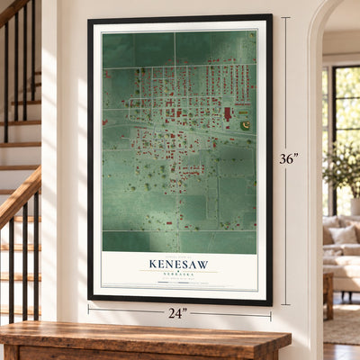 Kenesaw, Nebraska map, 24 x 36 inch print in a black frame by a staircase