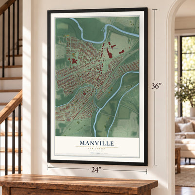 Manville, New Jersey map, 24 x 36 inch print in a black frame by a staircase