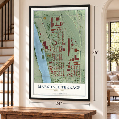 Marshall Terrace, Minnesota map, 24 x 36 inch print in a black frame by a staircase