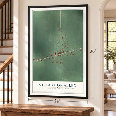 Allen, Michigan map, 24 x 36 inch print in a black frame by a staircase
