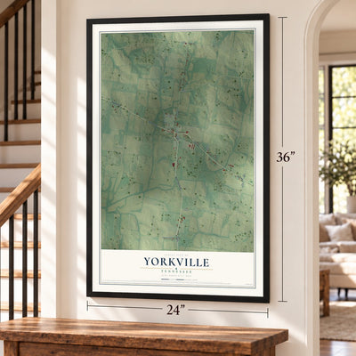 Yorkville, Tennessee map, 24 x 36 inch print in a black frame by a staircase