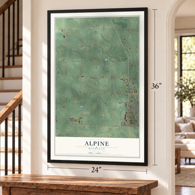 Alpine, Michigan map, 24 x 36 inch print in a black frame by a staircase