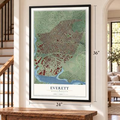 Everett, Massachusetts map, 24 x 36 inch print in a black frame by a staircase
