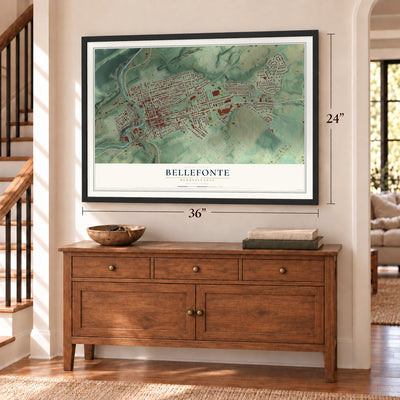 Bellefonte, Pennsylvania map, 24 x 36 inch print in a black frame above a dresser by a staircase