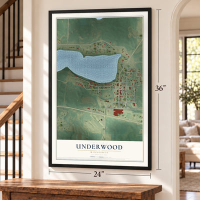 Underwood, Minnesota map, 24 x 36 inch print in a black frame by a staircase