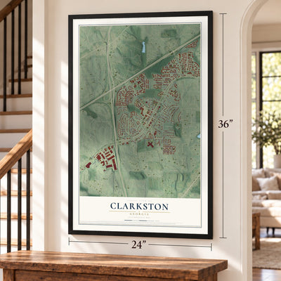 Clarkston, Georgia map, 24 x 36 inch print in a black frame by a staircase