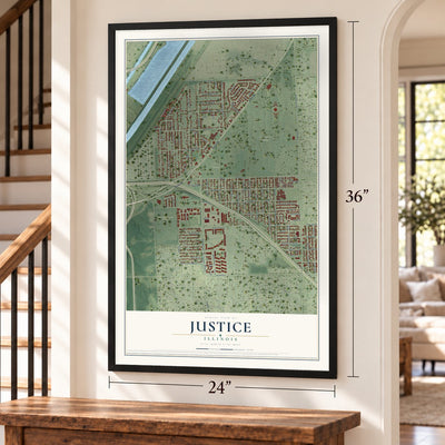 Justice, Illinois map, 24 x 36 inch print in a black frame by a staircase