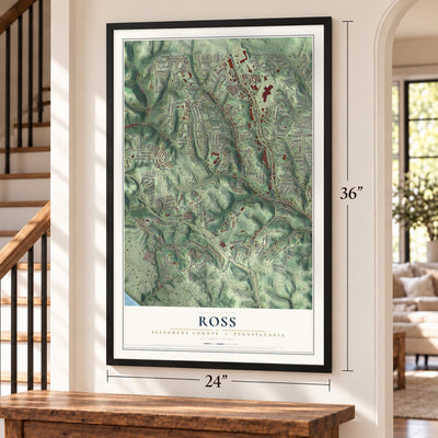 Ross, Allegheny County, Pennsylvania map, 24 x 36 inch print in a black frame by a staircase
