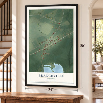 Branchville, Virginia map, 24 x 36 inch print in a black frame by a staircase
