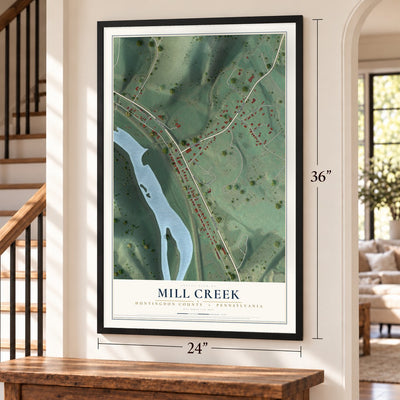 Mill Creek, Huntingdon County, Pennsylvania map, 24 x 36 inch print in a black frame by a staircase