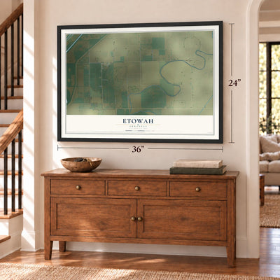 Etowah, Arkansas map, 24 x 36 inch print in a black frame above a dresser by a staircase