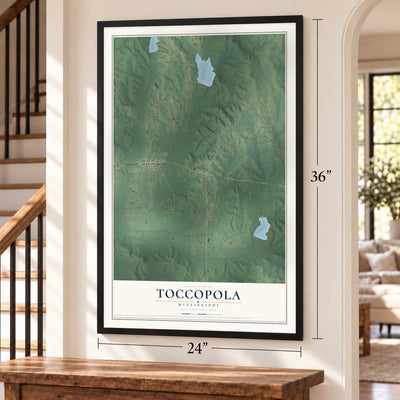 Toccopola, Mississippi map, 24 x 36 inch print in a black frame by a staircase