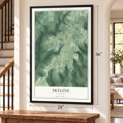 Skyline, Alabama map, 24 x 36 inch print in a black frame by a staircase
