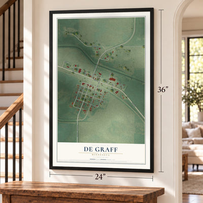 De Graff, Minnesota map, 24 x 36 inch print in a black frame by a staircase