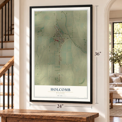 Holcomb, Missouri map, 24 x 36 inch print in a black frame by a staircase