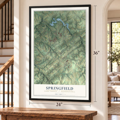 Springfield, York County, Pennsylvania map, 24 x 36 inch print in a black frame by a staircase