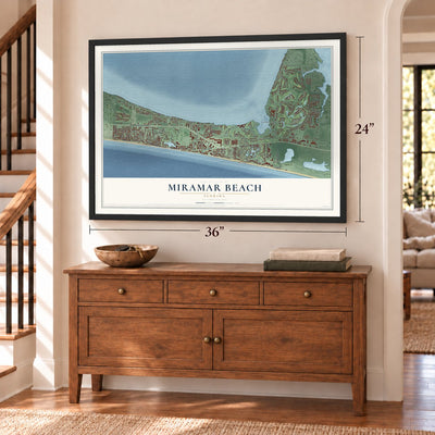 Miramar Beach, Florida map, 24 x 36 inch print in a black frame above a dresser by a staircase