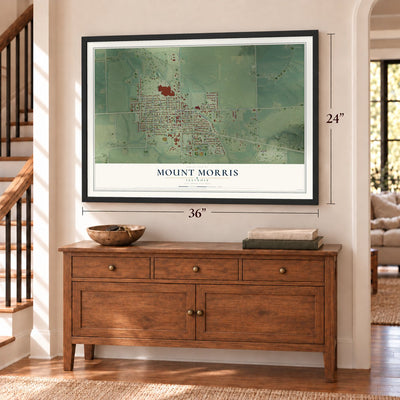 Mount Morris, Illinois map, 24 x 36 inch print in a black frame above a dresser by a staircase