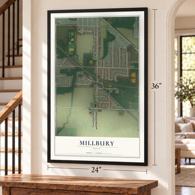 Millbury, Ohio map, 24 x 36 inch print in a black frame by a staircase