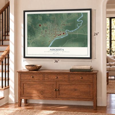 Augusta, Kalamazoo County, Michigan map, 24 x 36 inch print in a black frame above a dresser by a staircase