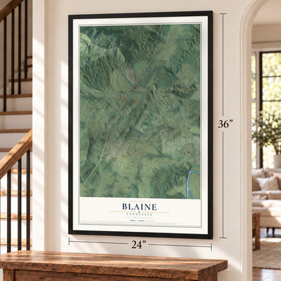 Blaine, Tennessee map, 24 x 36 inch print in a black frame by a staircase