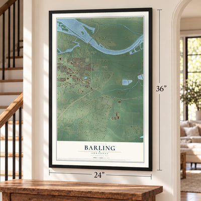 Barling, Arkansas map, 24 x 36 inch print in a black frame by a staircase
