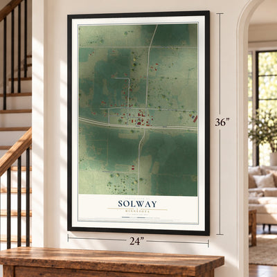 Solway, Minnesota map, 24 x 36 inch print in a black frame by a staircase