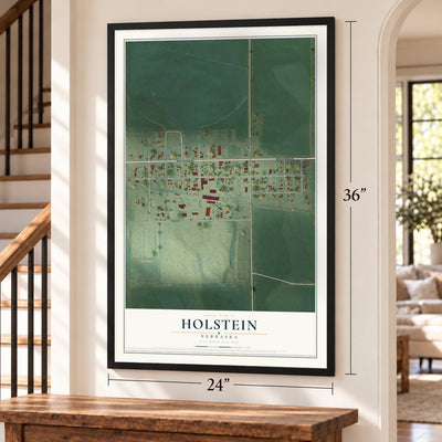 Holstein, Nebraska map, 24 x 36 inch print in a black frame by a staircase