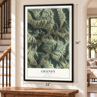 Grundy, Virginia map, 24 x 36 inch print in a black frame by a staircase