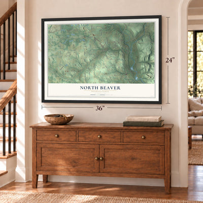 North Beaver, Pennsylvania map, 24 x 36 inch print in a black frame above a dresser by a staircase