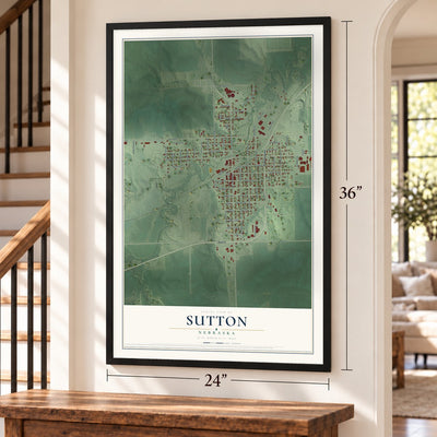 Sutton, Nebraska map, 24 x 36 inch print in a black frame by a staircase
