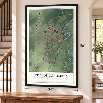 Columbus, Wisconsin map, 24 x 36 inch print in a black frame by a staircase