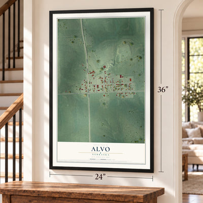 Alvo, Nebraska map, 24 x 36 inch print in a black frame by a staircase