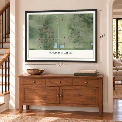 Ford Heights, Illinois map, 24 x 36 inch print in a black frame above a dresser by a staircase