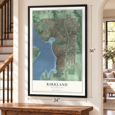 Kirkland, Washington map, 24 x 36 inch print in a black frame by a staircase