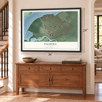 Palmyra, New Jersey map, 24 x 36 inch print in a black frame above a dresser by a staircase