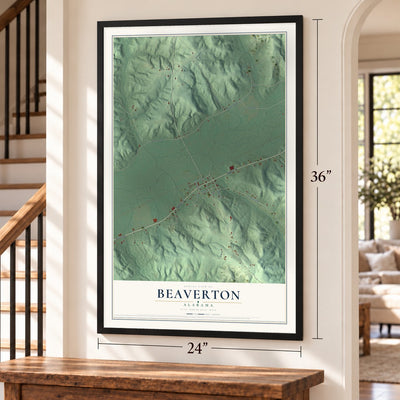 Beaverton, Alabama map, 24 x 36 inch print in a black frame by a staircase