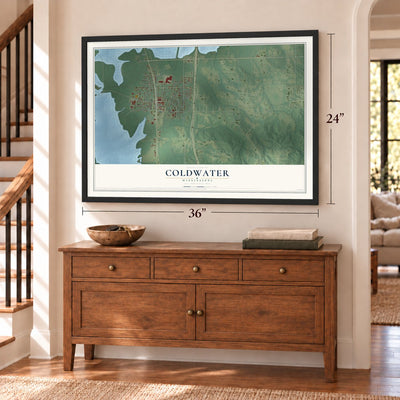 Coldwater, Mississippi map, 24 x 36 inch print in a black frame above a dresser by a staircase