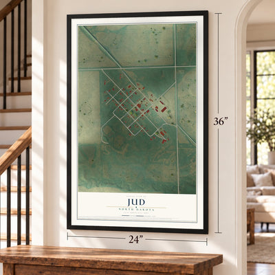 Jud, North Dakota map, 24 x 36 inch print in a black frame by a staircase