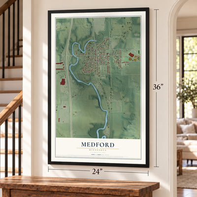 Medford, Minnesota map, 24 x 36 inch print in a black frame by a staircase