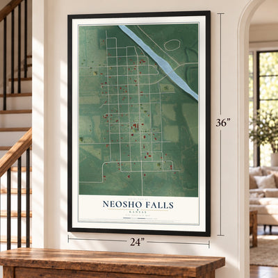 Neosho Falls, Kansas map, 24 x 36 inch print in a black frame by a staircase