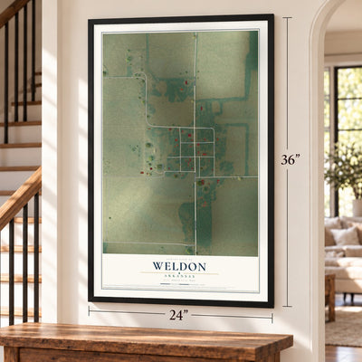 Weldon, Arkansas map, 24 x 36 inch print in a black frame by a staircase