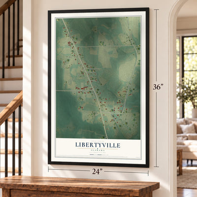 Libertyville, Alabama map, 24 x 36 inch print in a black frame by a staircase