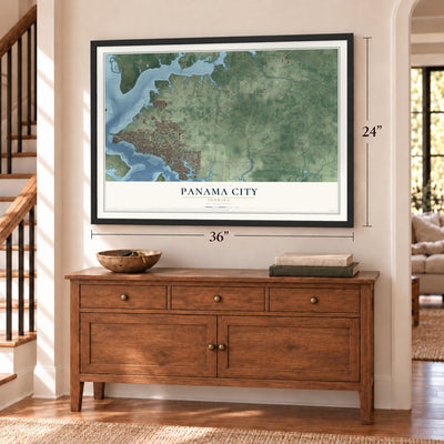 Panama City, Florida map, 24 x 36 inch print in a black frame above a dresser by a staircase