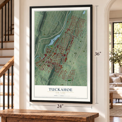 Tuckahoe, New York map, 24 x 36 inch print in a black frame by a staircase