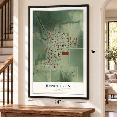 Henderson, Illinois map, 24 x 36 inch print in a black frame by a staircase
