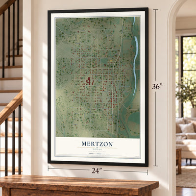 Mertzon, Texas map, 24 x 36 inch print in a black frame by a staircase