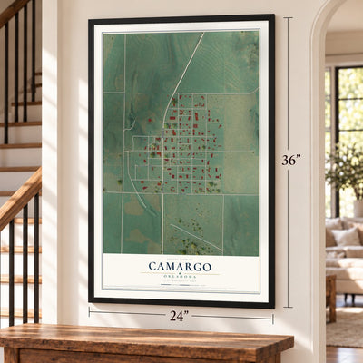 Camargo, Oklahoma map, 24 x 36 inch print in a black frame by a staircase