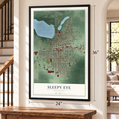 Sleepy Eye, Minnesota map, 24 x 36 inch print in a black frame by a staircase