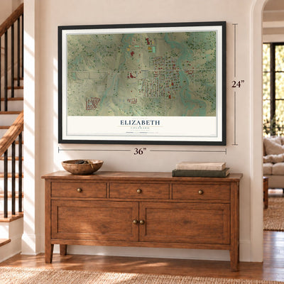 Elizabeth, Colorado map, 24 x 36 inch print in a black frame above a dresser by a staircase
